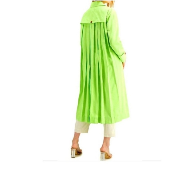 ALFANI Womens Retro Trench Coat Lime Peel Green Pleated Buttons Size Large - Picture 2 of 8